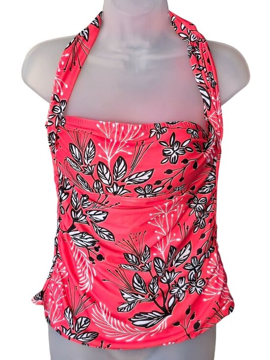 Tempt Me Other - Floral Halter Tankini Top M Pink Black Ruched Lined Adjustable Coral Colored